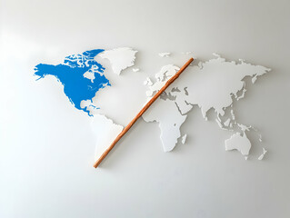 Naklejka premium Wooden stick diagonally crosses a world map with North America highlighted in blue, symbolizing division or separation.