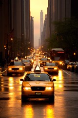 Yellow Taxi Cabs Navigating a Rain-Soaked City Street at Dusk with Headlights Illuminating the Road