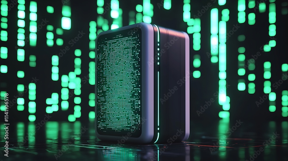 Poster futuristic data storage device with green digital background.