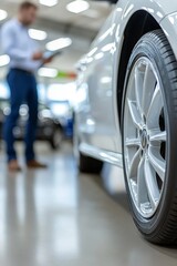 Car Dealership Showroom Salesman Examining a New Vehicle, Exploring Automotive Options.