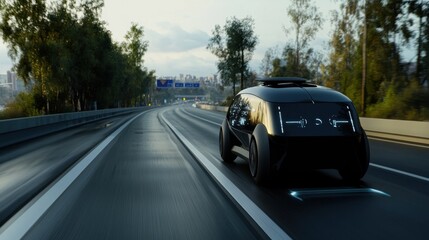 Autonomous black electric vehicle driving on a highway.