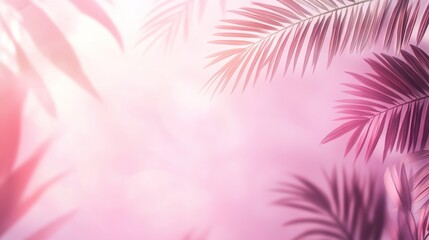 Fototapeta premium Pink tropical palm leaves and sunlight shadows background.