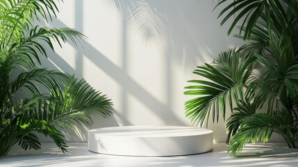 Fototapeta premium E-commerce product exhibition booth with green plant background