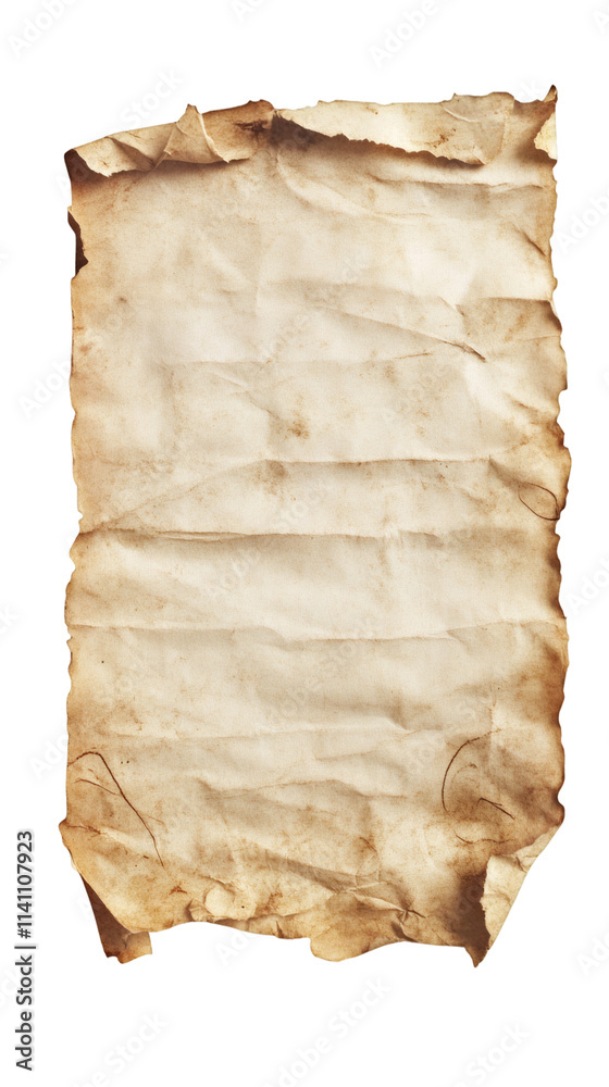 Aufkleber aged and stained paper with folded and burned edges, isolated on transparent background, creating a 