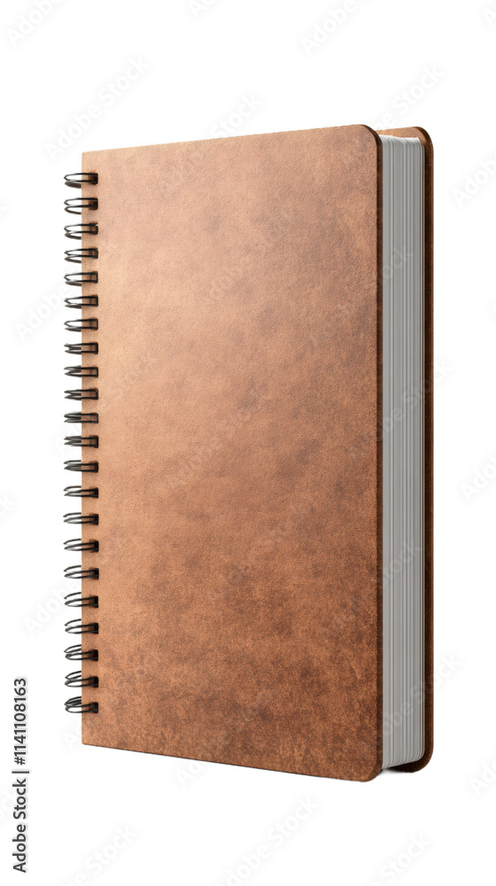 Poster Notebook with spiral binding and blank brown cover, closed and isolated on transparent background, perfect for educational or stationery designs
