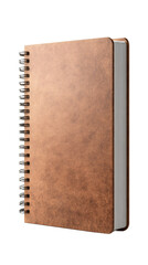 Notebook with spiral binding and blank brown cover, closed and isolated on transparent background, perfect for educational or stationery designs