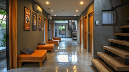 Hostel hallway, modern room doors and clean walls, staircase and lobby entrance view