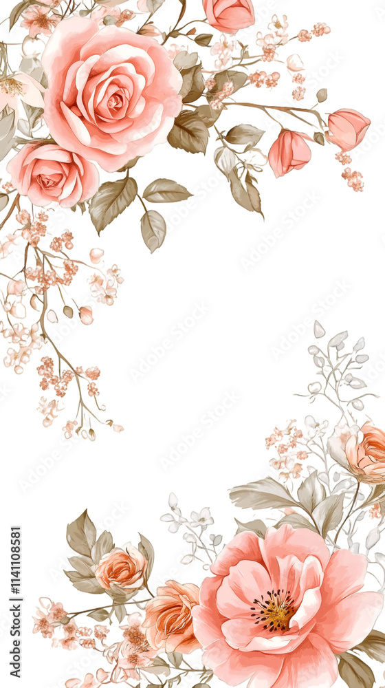 Poster beautiful arrangement of pink roses and flowers creating a decorative frame on a transparent backgro