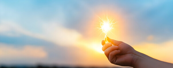 Hand holding a glowing spark at sunset, symbolizing hope, dreams, and new beginnings.