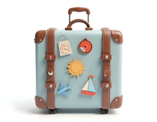 Suitcase with travel stickers 3D render icon isolated on transparent background cutout ia 