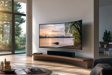  Mockup of modern curved TV in stylish living room with scenic landscape display and natural lighting ambiance