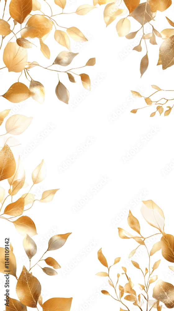 Poster Golden leaves branches creating a sophisticated border on a transparent background, perfect for adding a touch of elegance to designs