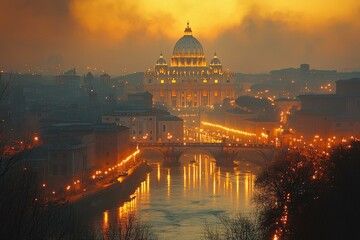 Fototapeta premium Illuminated Vatican skyline at New Year: St. Peter's Basilica glowing over Tiber River, Rome, festive atmosphere