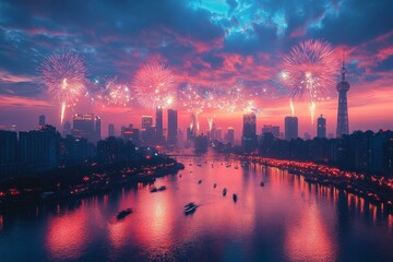 Fototapeta premium Fireworks illuminate Tianjin skyline over river during vibrant New Year celebration at dusk, colorful cityscape scene