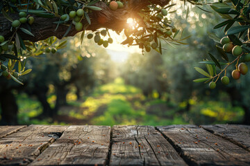 Old wooden table for product display with natural green olive field bokeh background. ,.     