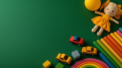 Obraz premium Cheerful composition of toy doll, handmade cars, and rainbow blocks on green background, focusing on childhood joy and vivid color contrast