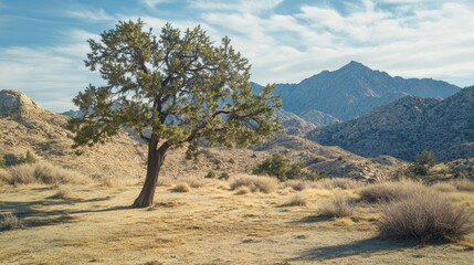 Lone tree in arid landscape with mountains and blue sky backdrop