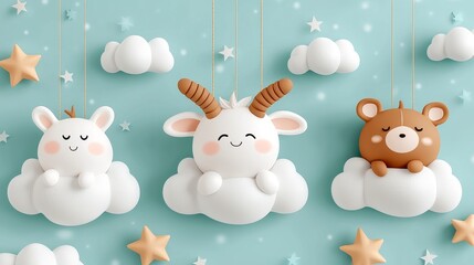 Fototapeta premium Cheerful sky scene with cartoon animals riding fluffy clouds, soft pastel palette and playful expressions for kid-friendly designs