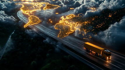 Obraz premium A dynamic image of a yellow truck speeding across a winding highway, with a futuristic world map etched into the clouds, glowing with a network of vibrant light nodes