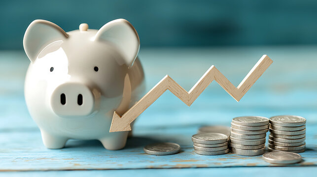 piggy bank with downward arrow symbolizes reduced savings and financial decline