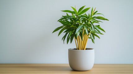 Fototapeta premium Bright Indoor Plant in Simple Decor Setting, Green golden cane palm in home decor concept.