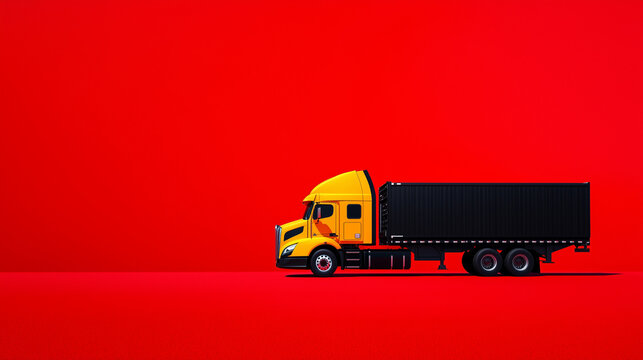 A bold yellow truck with a black trailer displayed on a bright red background, projecting energy and boldness in freight logistics