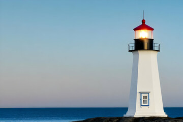 Illuminated lighthouse on rocky coast at dawn.