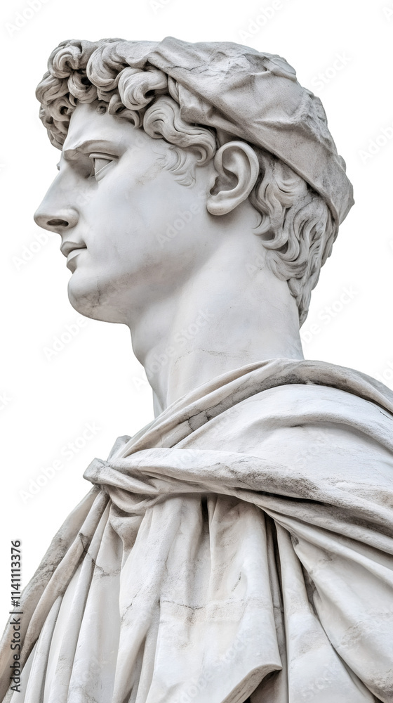 Poster Side view of a classical marble bust, featuring intricate drapery and a serene expression, isolated on a transparent background