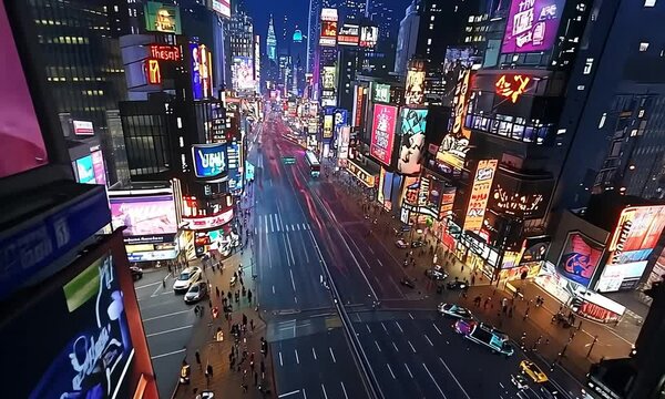 Nighttime aerial view of Times Square, showcasing vibrant billboards and bustling traffic.