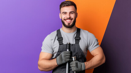 A professional plumber in gray overalls, smiling warmly while holding a water pipe and a wrench, with a dynamic purple and orange gradient background for a banner ad