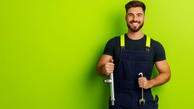 A smiling plumber in navy blue overalls, gripping a pipe and wrench, with a lime green background highlighting bold ad text for plumbing services
