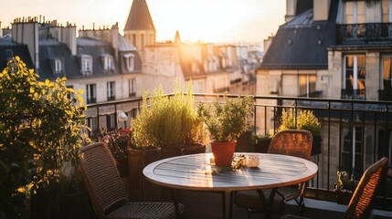Obraz premium Cozy Balcony with Plants at Sunset Overlooking Cityscape