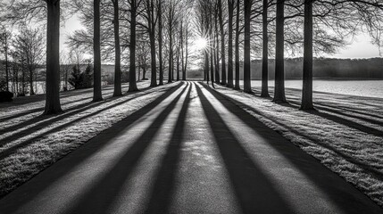 Serene Pathway Through Tall Trees with Dramatic Shadows at Sunset