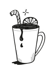 Winter hot drink in doodle style. Mulled wine, orange punch, and apple punch with cinnamon and cardamom.