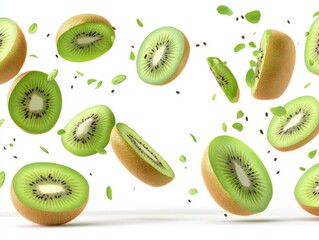 Fototapeta premium 3d realistic illustration banner. Frame made of falling kiwis. Isolated on white background