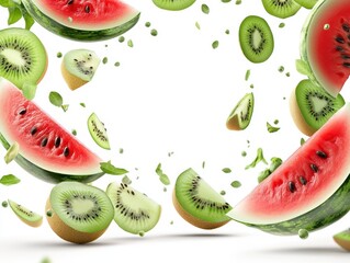 Frame made of falling watermelons and kiwis. Isolated on white background