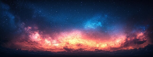 Naklejka premium A breathtaking view of a vibrant, star-filled night sky. Warm hues paint the clouds below, creating a magical, dreamlike atmosphere.