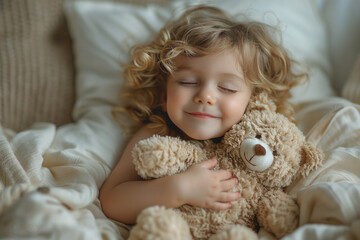 a little girl with blond curly hair sleeps hugging a teddy bear,.     