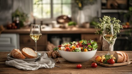 Fresh Salad with Vegetables and White Wine on Rustic Table