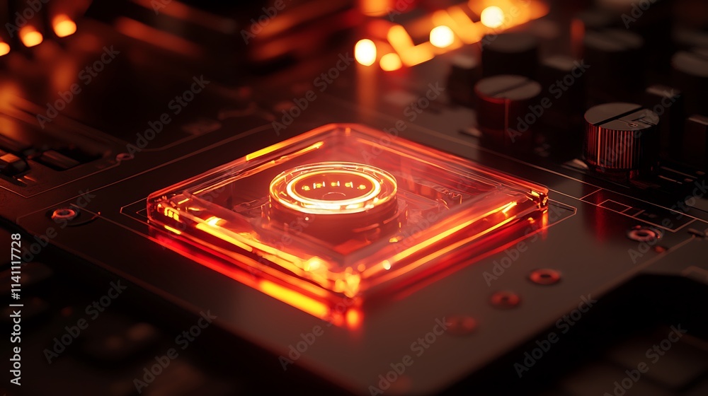 Poster Illuminated central processing unit glowing in red on a circuit board.