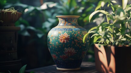 Naklejka premium Decorative ceramic vase with floral design in a natural setting