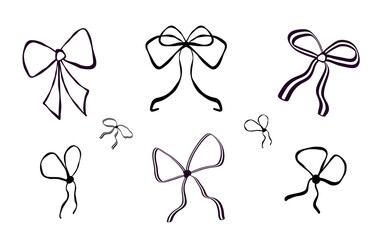 Cute coquette flirtatious aesthetic ribbon bow collection on the white background. Isolated girly vintage elements. Vector illustration. Trendy girls hairstyle accessories