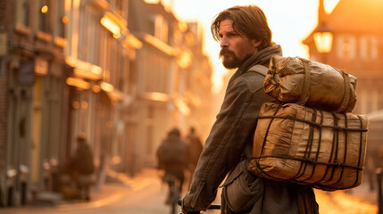 Obraz premium A man with a beard stands in an alley at dusk, holding a bike loaded with packages, illuminated by warm golden light.