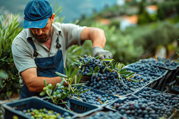 Farmer picks and harvests olives at an olive farm. ,.     