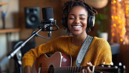 African American Blogger And Guitarist Showcasing Her Music On Social Media Through Vlogs And Live Streaming From Home Studio. Creating Music Content For Audience.