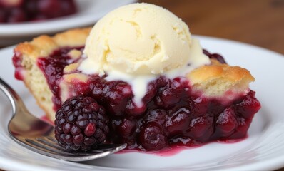 Delicious berry pie with ice cream scoop