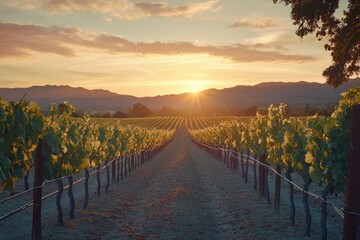 Obraz premium Picturesque vineyard at sunset with rows of green grapevines leading into the horizon under a golden sky and soft mountain silhouette
