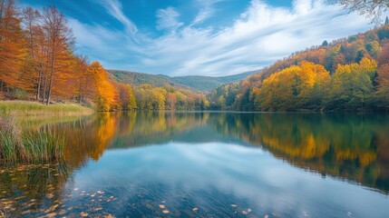 Fototapeta premium Autumnal Lake Serenity: A Picturesque Reflection of Golden Trees