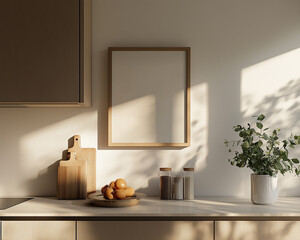 Warm kitchen interior with cutting boards potted plant and sunlight shadows