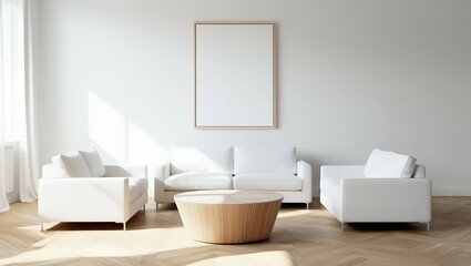 A minimalist living room with white furniture and a blank frame on the wall.